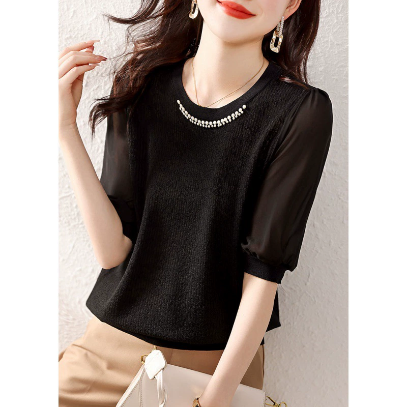Camiseta de manga corta de gasa de seda helada para mujer, verano 2024, top de gasa elegante con cuentas y mangas de retazos, prenda de punto ligera que rejuvenece. negro imagen 1