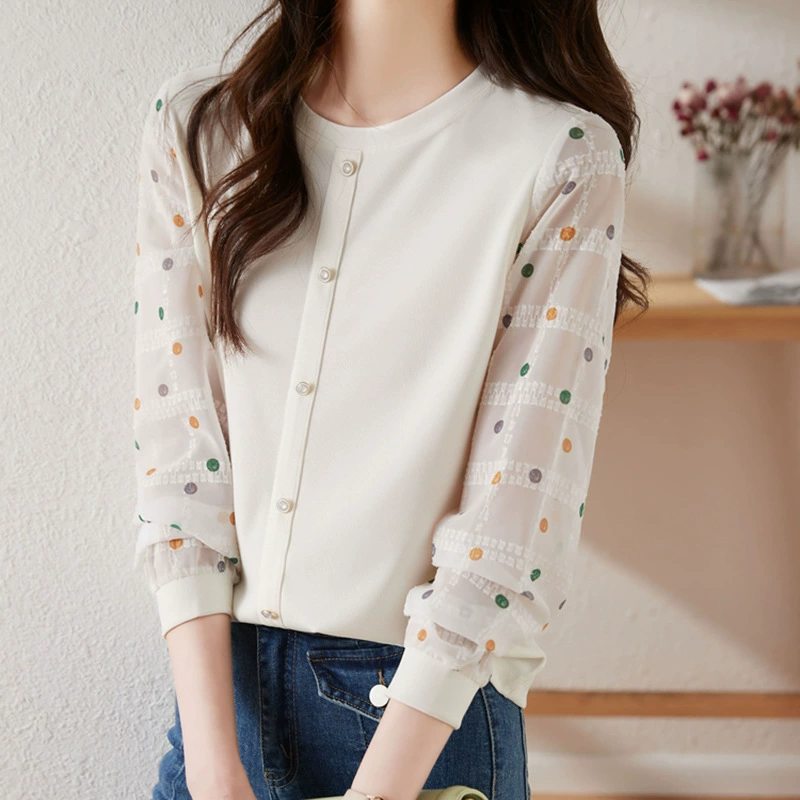 Blusa de gasa de manga larga con lunares - Nueva colección de otoño 2024 para mujer - Top de punto estilo francés rejuvenecedor - Blusa con capas y diseño patchwork Blanco imagen 1