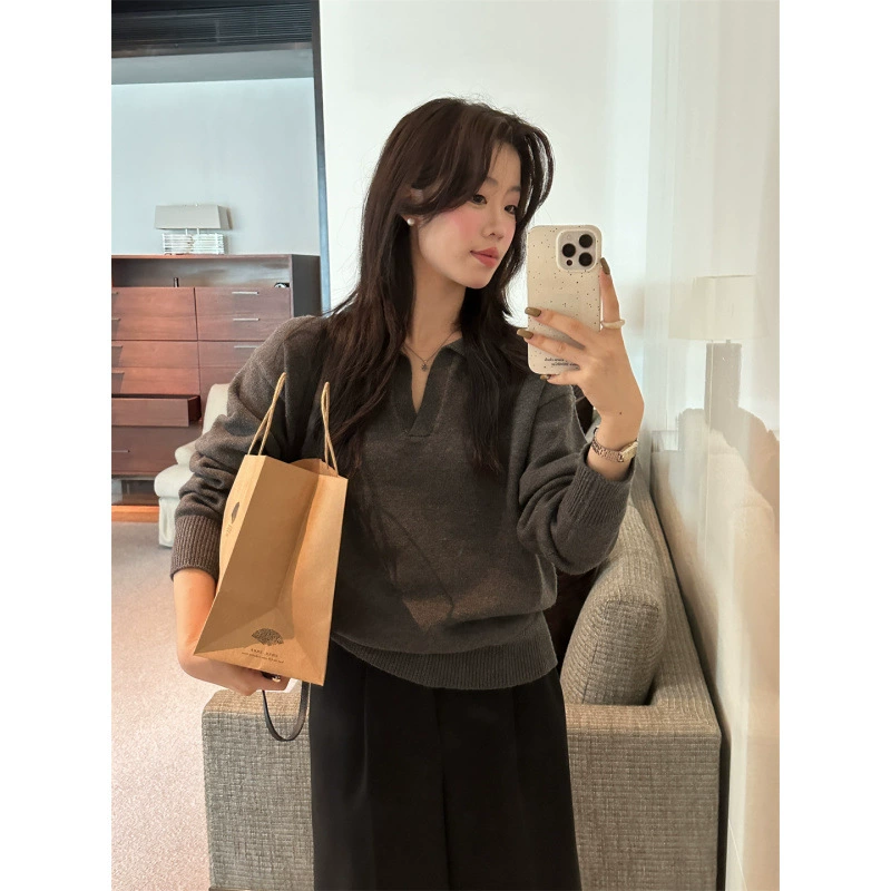 Suéter de punto con solapa gris para mujer, camisa de punto, otoño e invierno 2025, nueva llegada, estilo relajado, camisa polo, estilo coreano, tops ceniza de carbono imagen 1