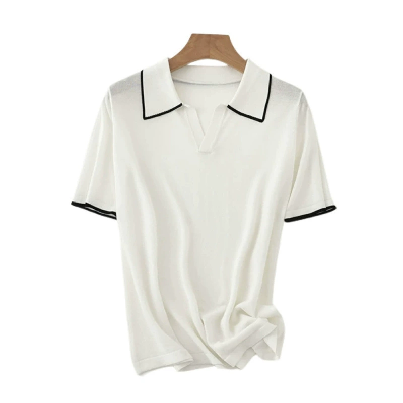 Camiseta de manga corta con solapa y hombro para mujer 2025 verano francés de alta calidad viento ligero cocido suéter de seda de hielo top de polo Albaricoque imagen 1