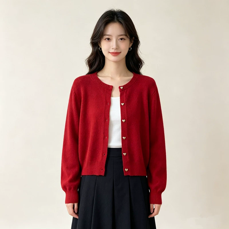 Cárdigan de punto con botones dorados en forma de corazón retro japonés y coreano - Prenda exterior elegante de otoño/invierno para mujer, top casual para capas interiores rojo imagen 1