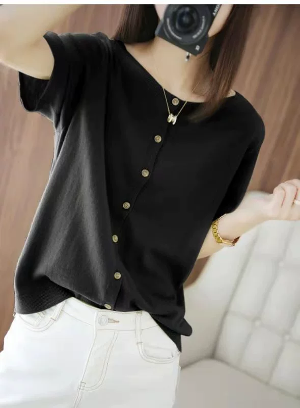 Verano nuevo delgado de seda de hielo de manga corta de punto cardigan de las mujeres de doble cara camisa de aire acondicionado con falda superior corto abrigo Suelto Negro imagen 1