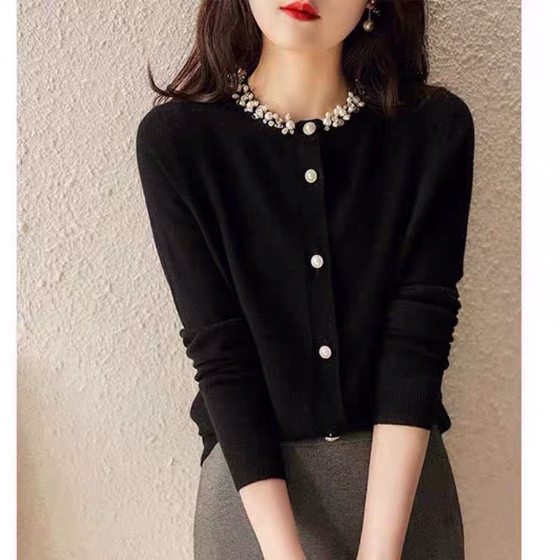 Artesanía pesada hecha a mano con cuentas de punto cardigan para las mujeres primavera y otoño nuevo diseño sentido nicho Top manga larga suéter abrigo Negro imagen 1
