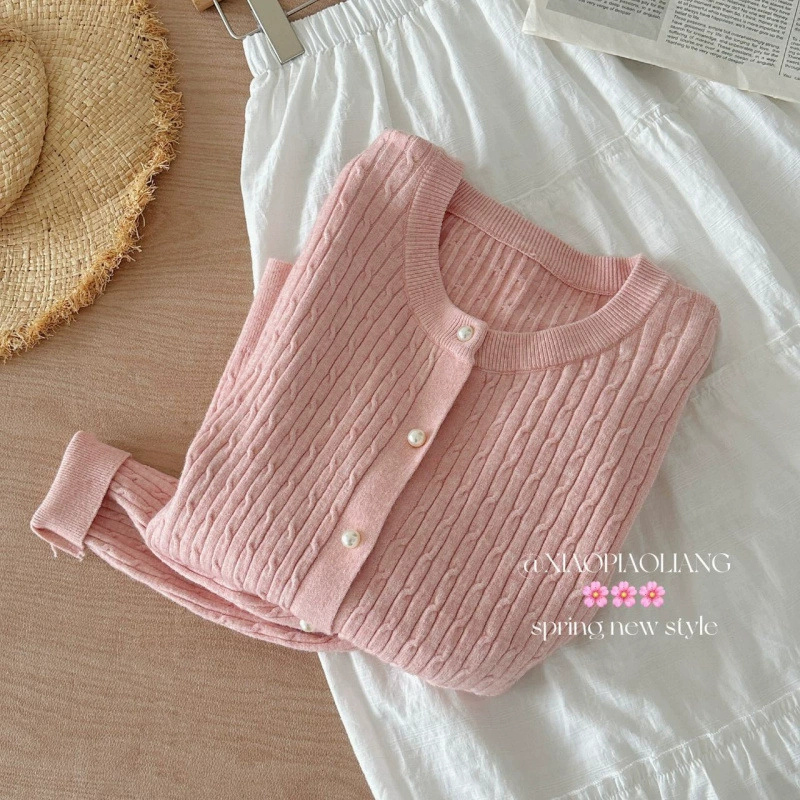 Cárdigan de punto trenzado de color liso estilo coreano premium - Nueva llegada de primavera para mujer, antiedad, top de manga larga de ajuste holgado rosa imagen 1