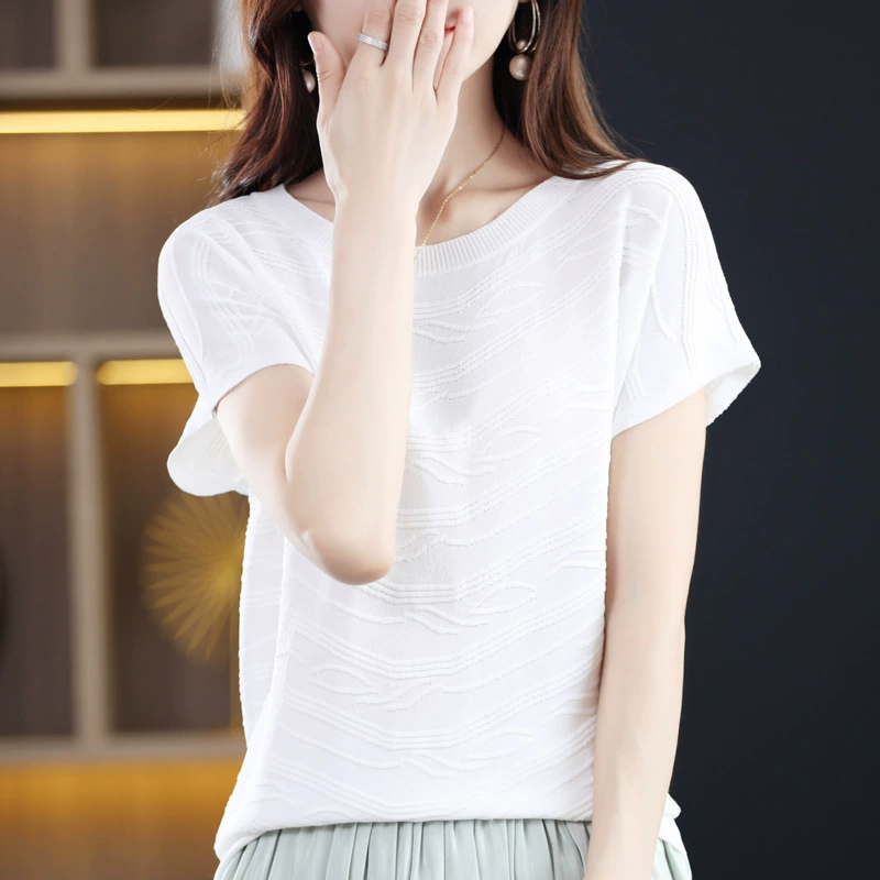 Camiseta de manga corta de Tencel con cuello redondo para mujer, top de punto versátil para verano, capa base de seda helada, fina y elegante. Blanco imagen 1
