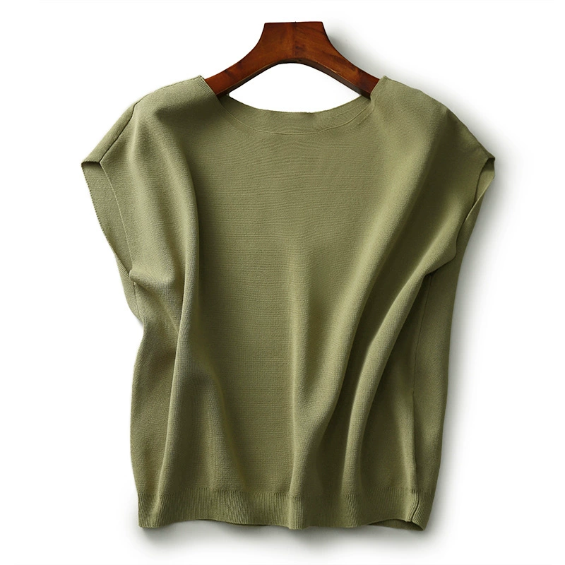 Camiseta de manga corta para mujer, nuevo estilo verano 2024, cuello redondo, mangas de murciélago, versátil, elegante, cuello de una línea, top de punto, mangas largas Verde imagen 1