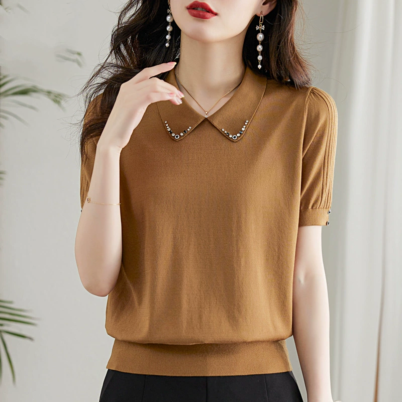 Novedades de verano 2025: Top de seda helada con cuentas, camiseta de manga corta holgada con cuello polo, cárdigan de punto elegante para mamás, ligero. Color café imagen 1