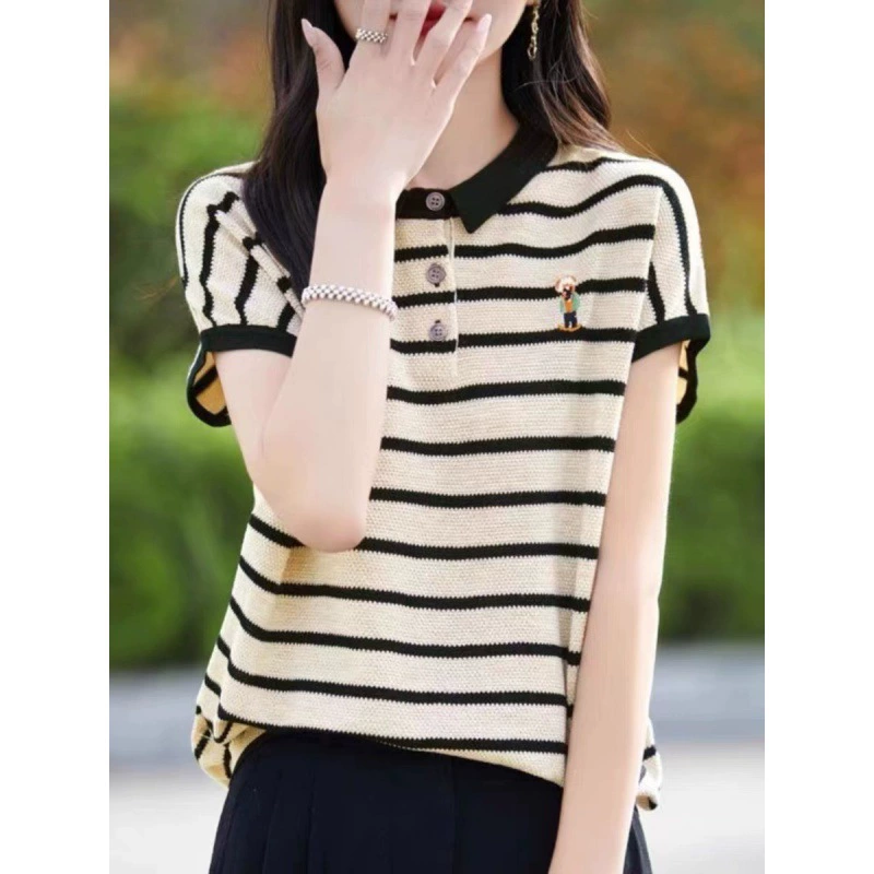 Polo de punto a rayas bordado de manga corta - Nueva colección 2024 para mujer - Polo de corte holgado negro imagen 1