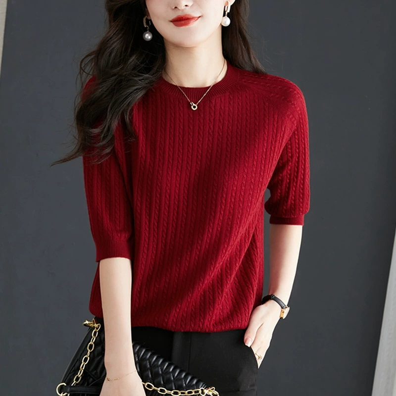 Suéter de punto de manga media con cuello redondo para mujer, estilo delgado, novedad de otoño 2024, suéter base elegante con patrón trenzado. Vino tinto imagen 1