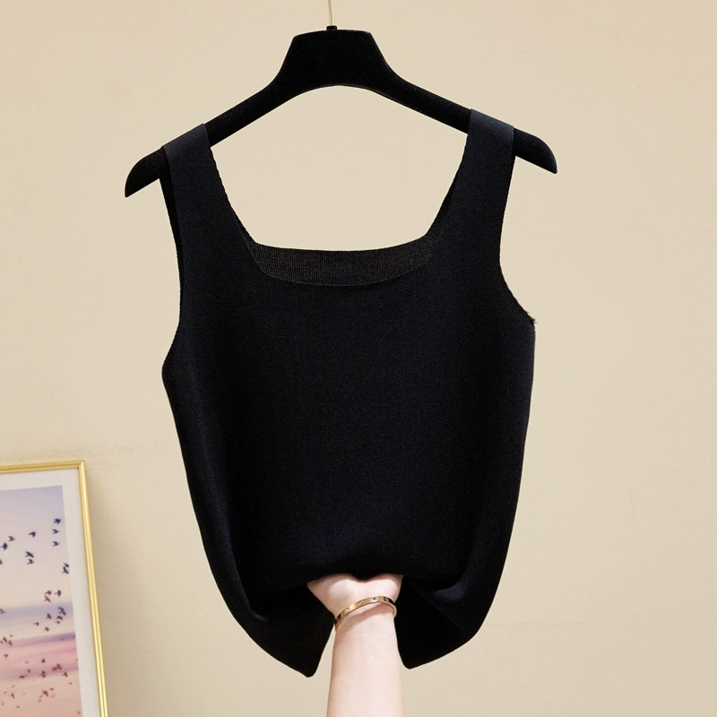 Camisola de seda helada para mujer, ideal como prenda interior para cubrir los costados del busto. También perfecta como prenda exterior. Elegante top sin mangas con cuello cuadrado en forma de "I", tejido de punto, ideal para el verano. negro imagen 1