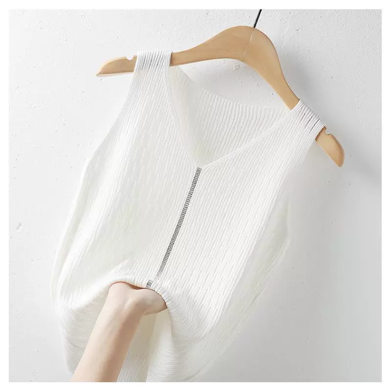 Camisola de seda de hielo para mujer, camisa interior inferior de verano, corta, sin mangas, a la moda, con diamantes, Color puro, cuello en V, Tops con apariencia adelgazante Blanco imagen 1