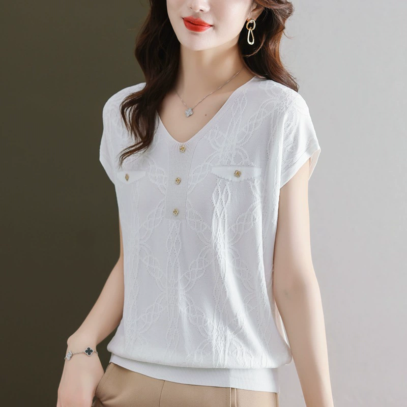Spot 2024 verano nuevo estilo con cuello en V seda de hielo camiseta de manga corta estilo occidental suelto suéter de punto fino top de moda para mujer Blanco imagen 1