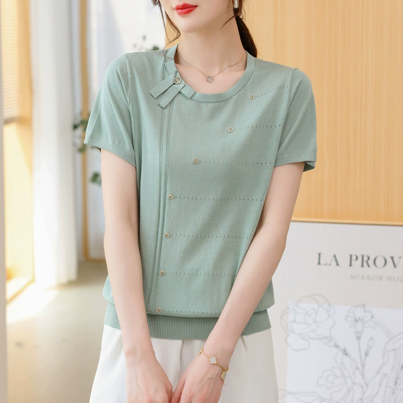 Camiseta de manga corta de seda helada para mujer, novedad de verano 2024, conjunto de verano ligero para mamá joven, top de punto elegante para mujer. verde imagen 1