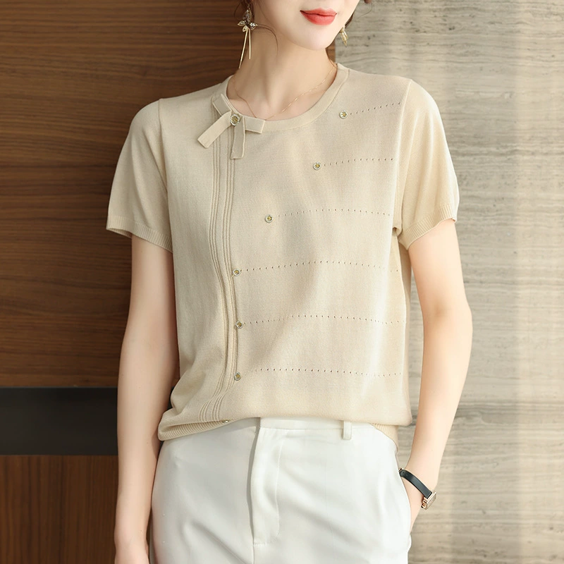 Camiseta de manga corta de seda helada para mujer, novedad de verano 2024, conjunto de verano ligero para mamá joven, top de punto elegante para mujer. albaricoque imagen 1