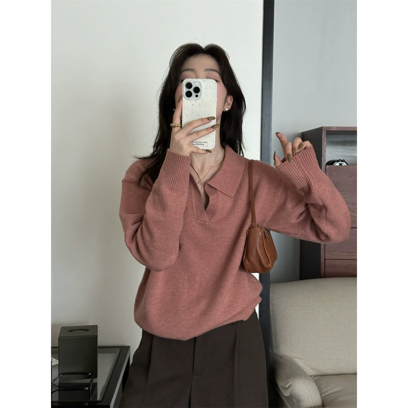 Suéter de punto con solapa gris para mujer, camisa de punto, otoño e invierno 2025, nueva llegada, estilo relajado, camisa polo, estilo coreano, tops rosa imagen 1