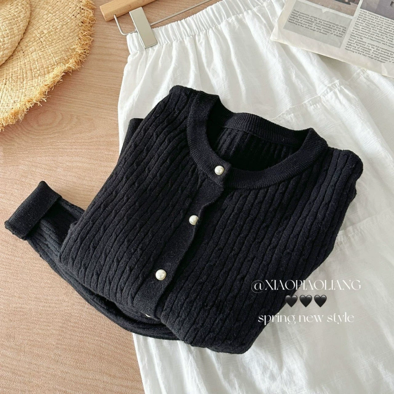 Cárdigan de punto trenzado de color liso estilo coreano premium - Nueva llegada de primavera para mujer, antiedad, top de manga larga de ajuste holgado negro imagen 1