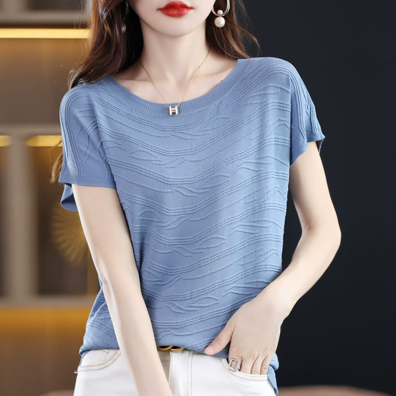 Camiseta de manga corta de Tencel con cuello redondo para mujer, top de punto versátil para verano, capa base de seda helada, fina y elegante. Azul imagen 1