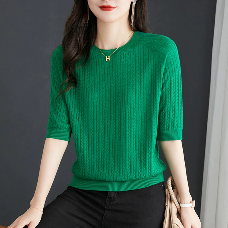 Suéter de punto de manga media con cuello redondo para mujer, estilo delgado, novedad de otoño 2024, suéter base elegante con patrón trenzado. Verde imagen 1