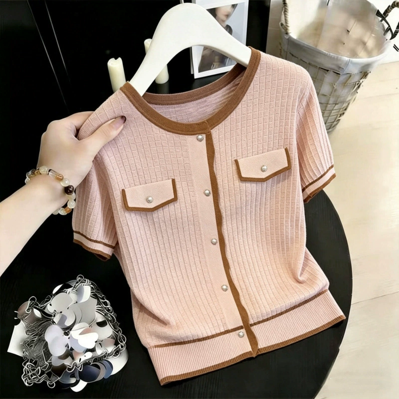 Ropa de mujer joven 2026 Camiseta de punto de seda helada de verano con cuello redondo Camiseta pequeña Moda para mujeres de mediana edad y mayores Camisetas finas de manga corta albaricoque imagen 1