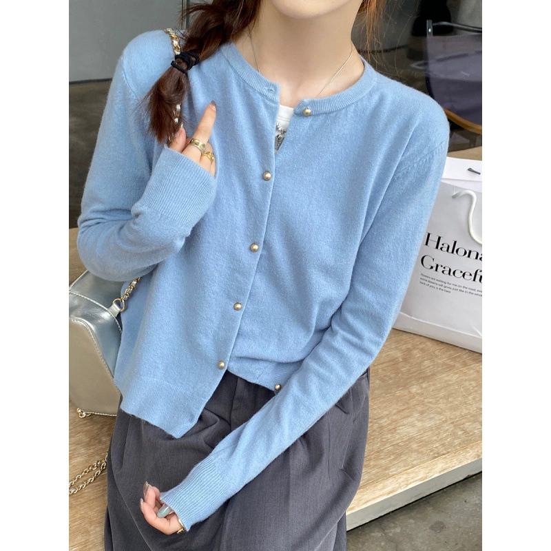 Cárdigan de punto gris para mujer 2024 - Prenda exterior de otoño, chaqueta suéter premium, top ligero de manga larga para principios de otoño azul imagen 1