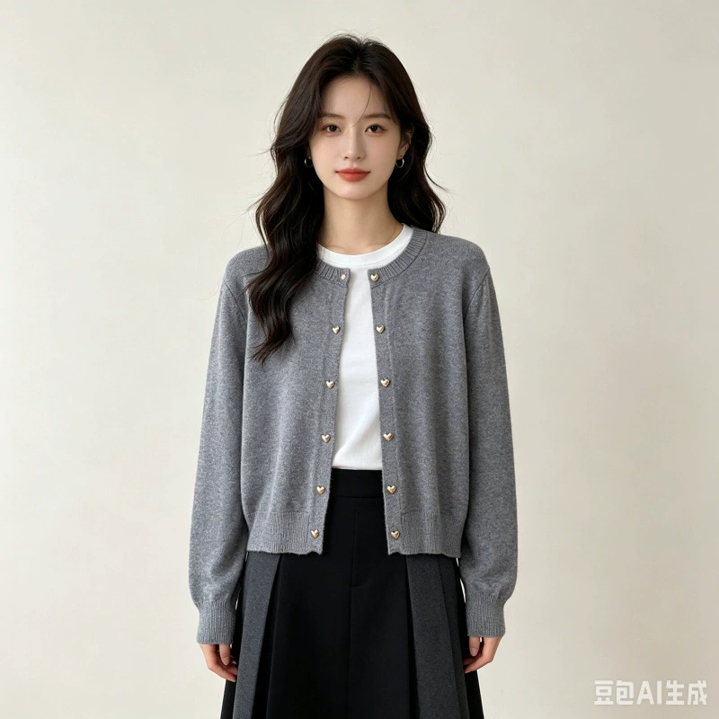 Cárdigan de punto con botones dorados en forma de corazón retro japonés y coreano - Prenda exterior elegante de otoño/invierno para mujer, top casual para capas interiores gris imagen 1