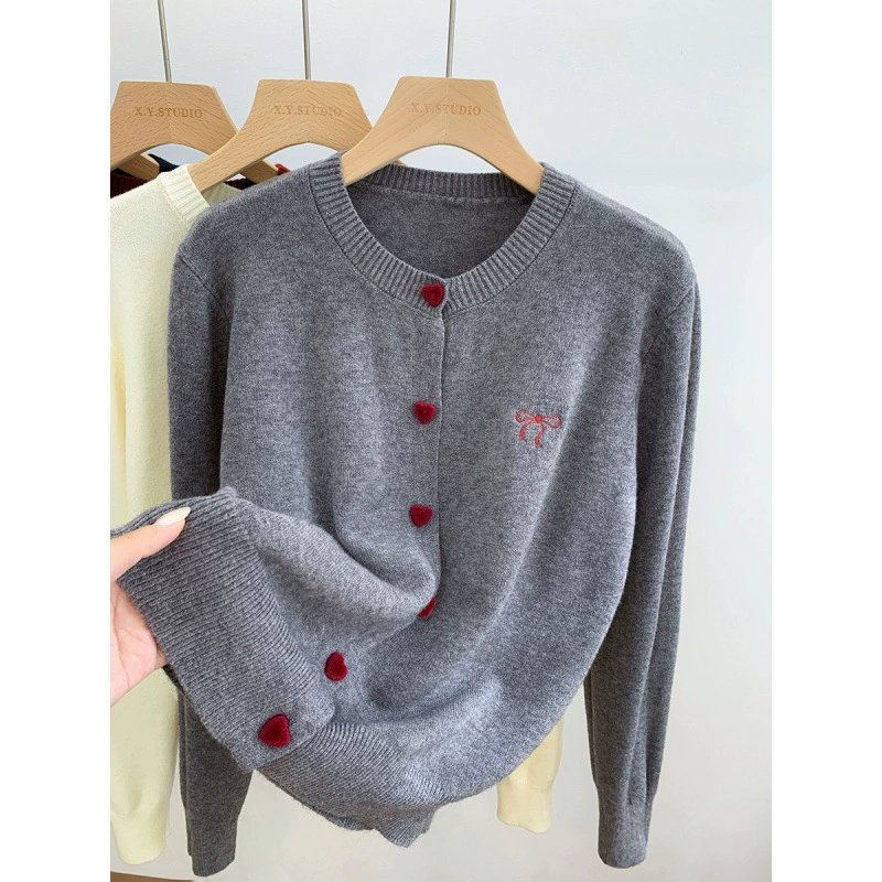 Cárdigan de punto de manga larga con lazo bordado para mujer, otoño/invierno 2025, camiseta base de capa interior, suéter, top corto gris imagen 1