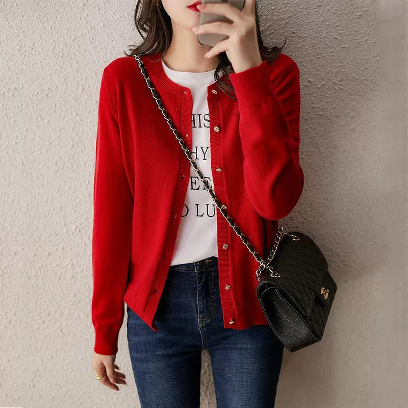 Cárdigan de punto con cuello redondo para mujer, otoño 2024, suéter tipo chal de manga larga, holgado y elegante para el trabajo y el día a día. Rojo Retro imagen 1