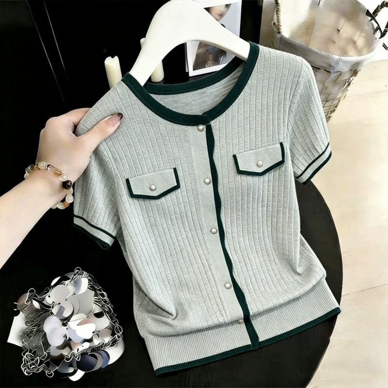 Ropa de mujer joven 2026 Camiseta de punto de seda helada de verano con cuello redondo Camiseta pequeña Moda para mujeres de mediana edad y mayores Camisetas finas de manga corta verde imagen 1