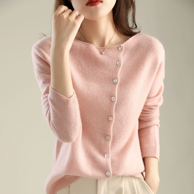 Cárdigan de diseño único para mujer, otoño 2024, de un solo botón, cuello redondo bajo, tejido fino, manga larga Rosa imagen 1