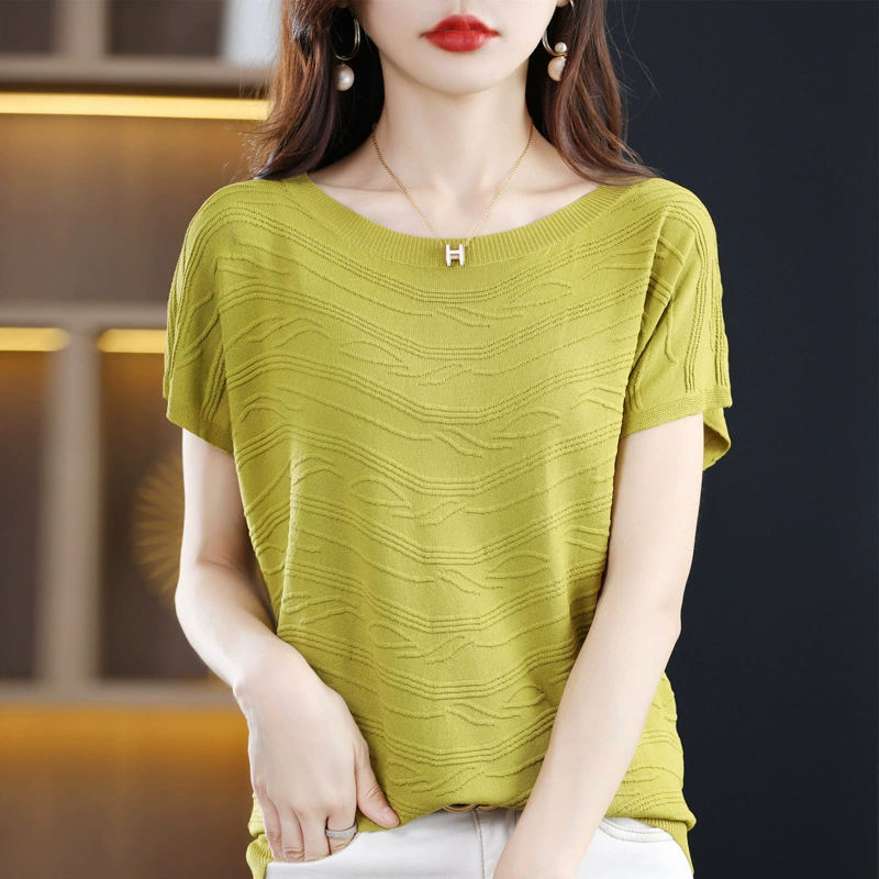 Camiseta de manga corta de Tencel con cuello redondo para mujer, top de punto versátil para verano, capa base de seda helada, fina y elegante. Amarillo imagen 1