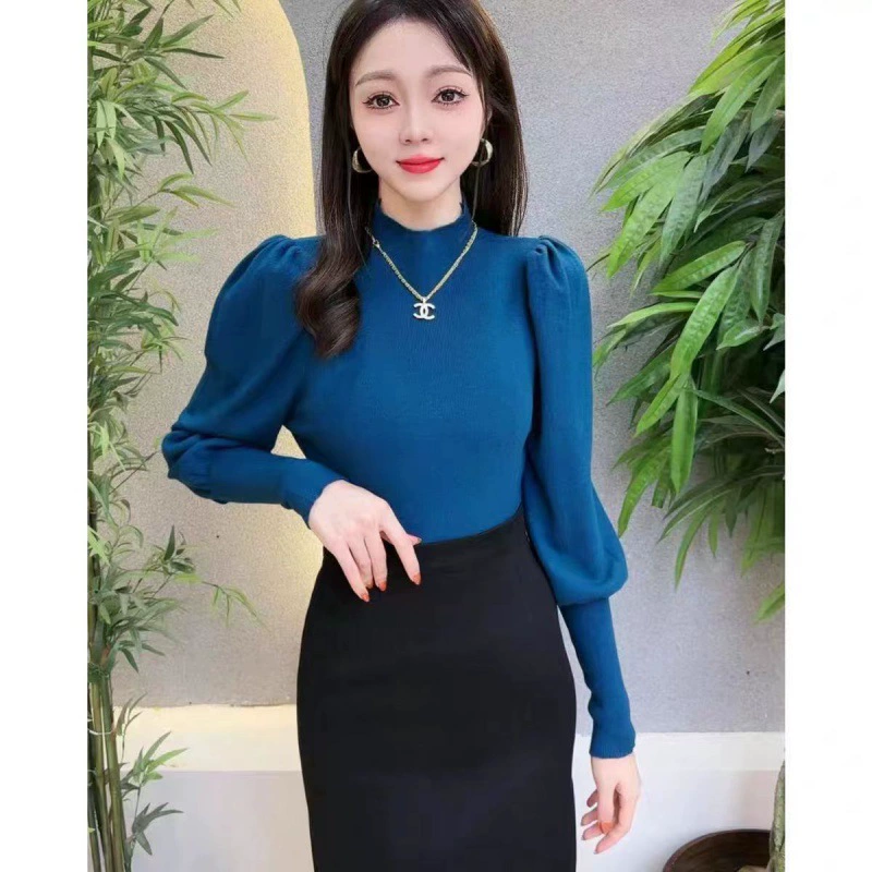 Nueva Colección Primavera/Otoño 2025 - Top de Punto con Cuello Alto y Manga Farol para Mujer, Capa Interior, Capa Base de Cuello Alto, Jersey, Prenda Exterior azul imagen 1