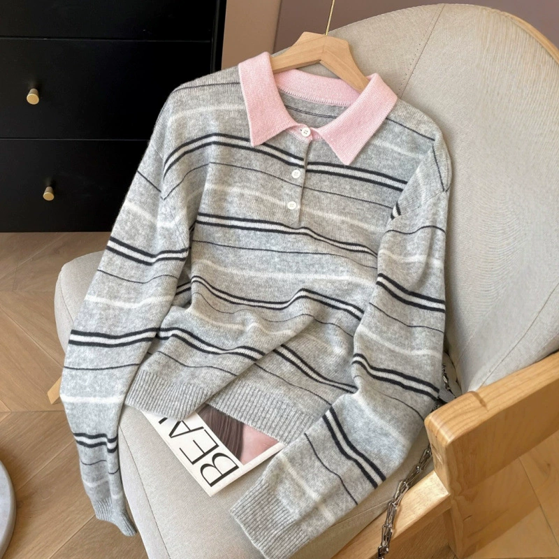 Polo de punto a rayas para mujer, diseño color block, nueva colección Otoño/Invierno 2025, corte holgado, jersey estilizador, suéter oversize. rosa imagen 1