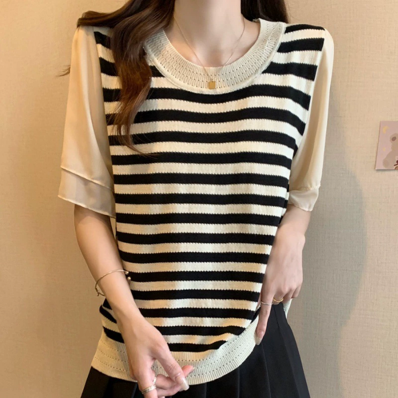 Top de verano a rayas de manga corta para mujer, nueva colección 2024, tallas grandes, control de abdomen, camiseta de gasa adelgazante, top de manga corta con bloques de color. Blanco imagen 1
