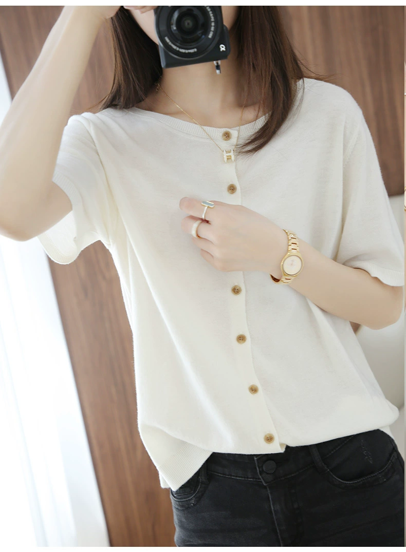 Verano nuevo delgado de seda de hielo de manga corta de punto cardigan de las mujeres de doble cara camisa de aire acondicionado con falda superior corto abrigo Suelto Blanco imagen 1