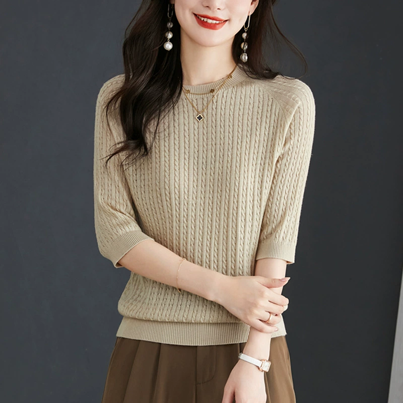 Suéter de punto de manga media con cuello redondo para mujer, estilo delgado, novedad de otoño 2024, suéter base elegante con patrón trenzado. Caqui imagen 1