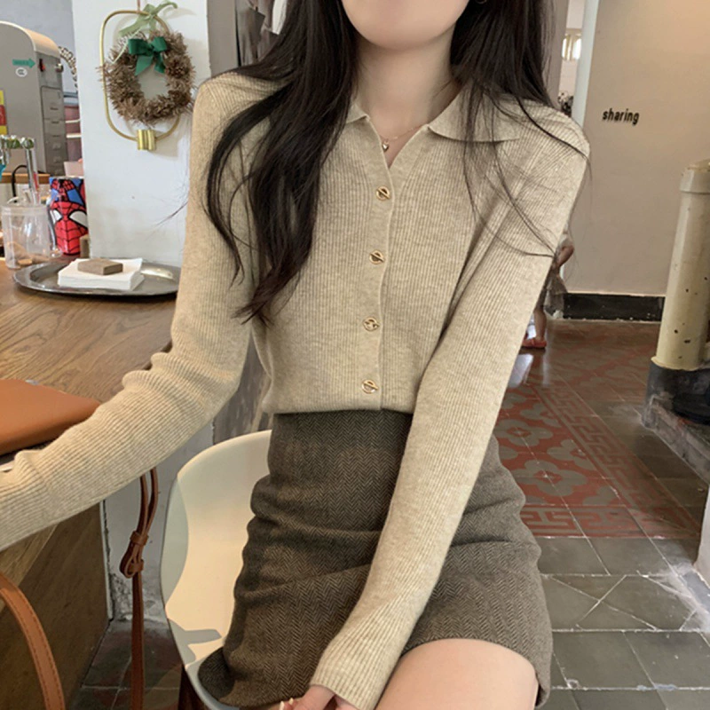 Camisa básica con cuello polo para mujer, primavera y otoño, diseño ajustado, suéter tipo cárdigan, top de punto, top de principios de primavera para ir al trabajo. Color DE LA Ola imagen 1