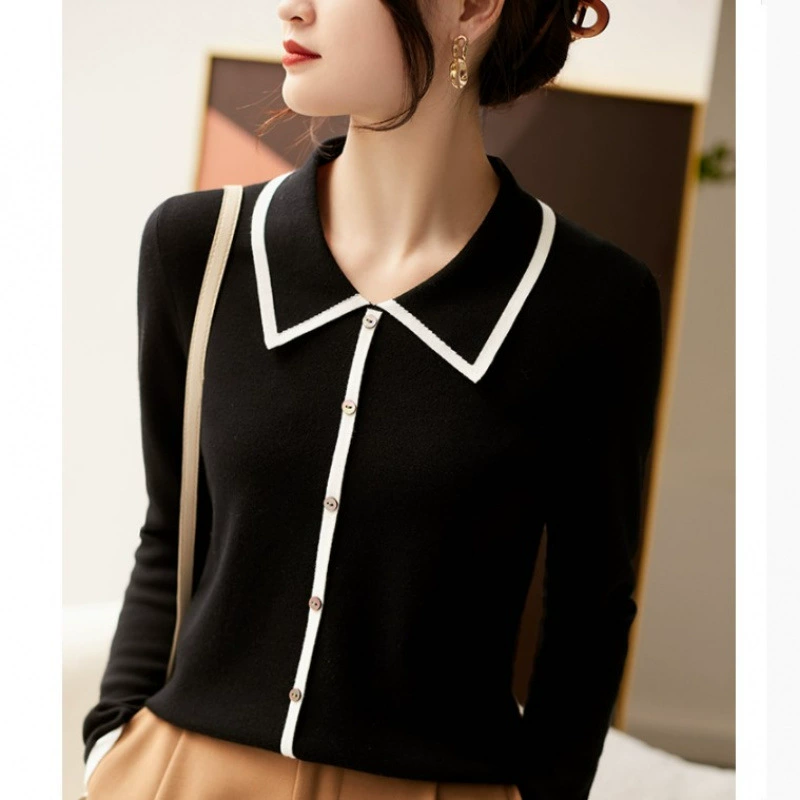 Top de punto con cuello polo, estilo francés chic, nueva colección otoño 2024 - Diseño de bloques de color, capa base elegante de alta gama negro imagen 1