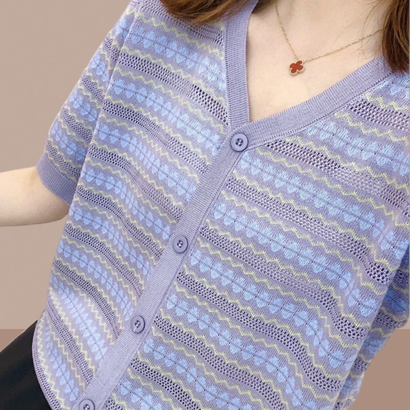 2023 ropa de mujer de verano nueva camiseta de manga corta para mujer prendas de punto que cubren el vientre camiseta de adelgazamiento estilo occidental que reduce la edad Cuello en V1 imagen 1