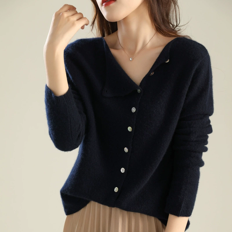 Cárdigan de diseño único para mujer, otoño 2024, de un solo botón, cuello redondo bajo, tejido fino, manga larga Azul oscuro imagen 1