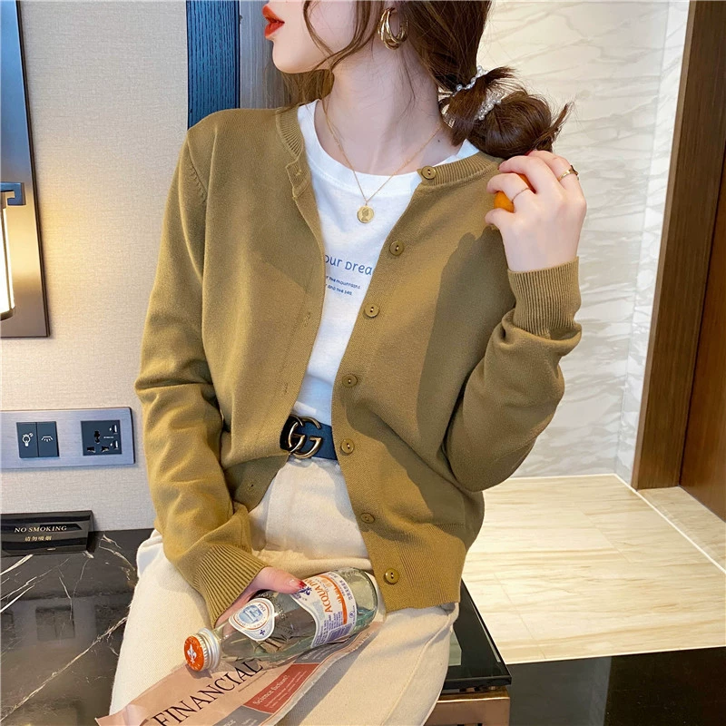 Rebeca de punto abrigo para mujer primavera y otoño ropa exterior suéter fino primavera 2022 nuevo negro manga larga Otoño e Invierno top Verde mostaza imagen 1