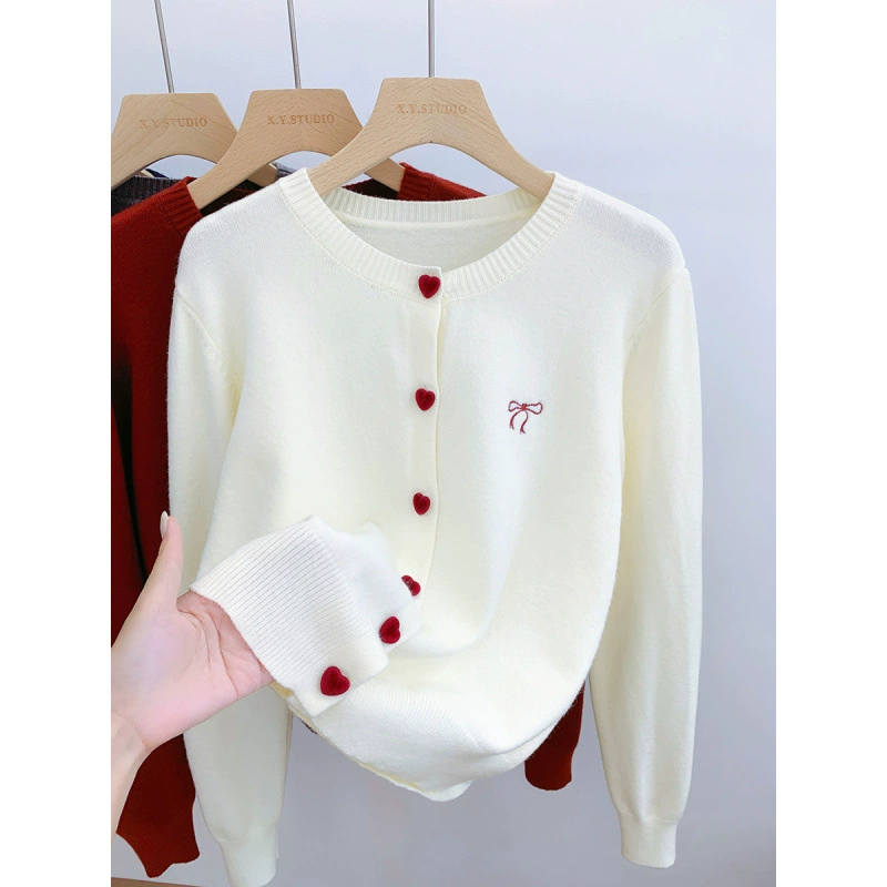 Cárdigan de punto de manga larga con lazo bordado para mujer, otoño/invierno 2025, camiseta base de capa interior, suéter, top corto albaricoque imagen 1