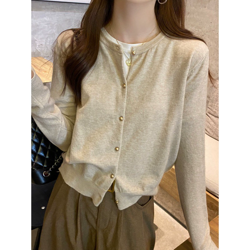 Cárdigan de punto gris para mujer 2024 - Prenda exterior de otoño, chaqueta suéter premium, top ligero de manga larga para principios de otoño color avena imagen 1