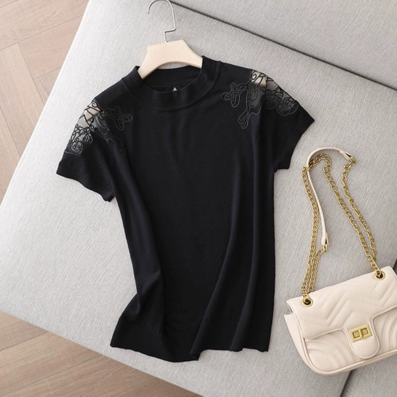 Top de mujer de manga corta con encaje de malla bordado francés, estilo nuevo de verano 2022, camiseta fina y holgada de punto de seda helada. Negro imagen 1
