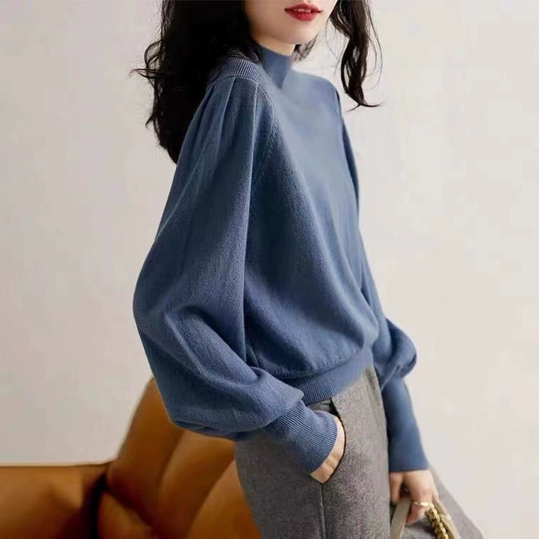 Suéter de punto de manga larga con cuello medio alto para mujer, nuevos colores 2024 en stock, otoño e invierno, multicolor, holgado, capa base de manga larga. Azul Haze imagen 1