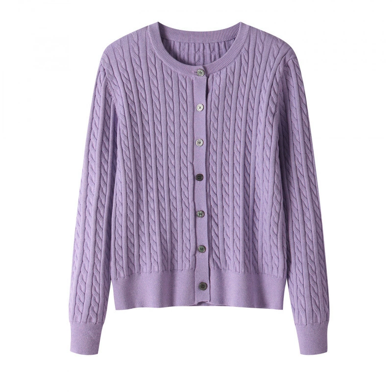 Cárdigan de mujer, cuello redondo, manga larga, corto, otoño-invierno 2026, nueva colección, corte holgado, efecto adelgazante, punto trenzado, suéter. púrpura imagen 1