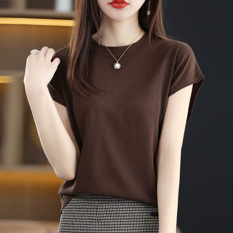 Camiseta de manga corta con cuello medio alto para mujer, top corto de lino tencel de verano, chaleco sin mangas de punto estilo nuevo 2024 Marrón imagen 1