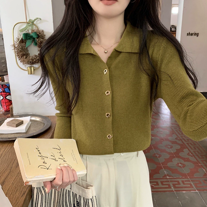Camisa básica con cuello polo para mujer, primavera y otoño, diseño ajustado, suéter tipo cárdigan, top de punto, top de principios de primavera para ir al trabajo. Verde imagen 1