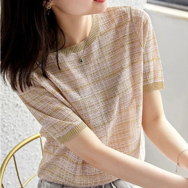 Top de punto de manga corta a cuadros para mujer Verano nuevo elegante luz de lujo Lady Slim fit versátil adelgazante slim fit camiseta más joven Albaricoque rosa imagen 1