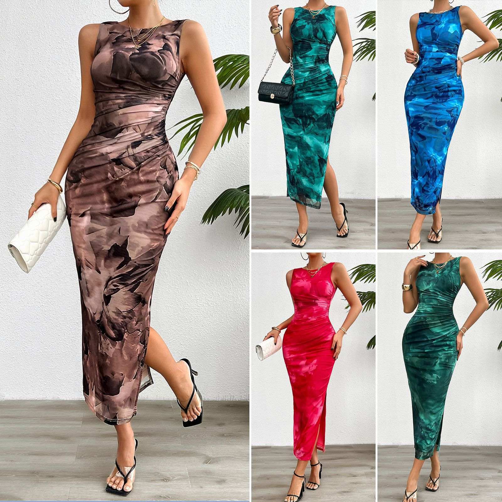 Vestido Largo de Malla Ceñido con Estampado Tie-Dye Multicolor Estilo Shein imagen 1