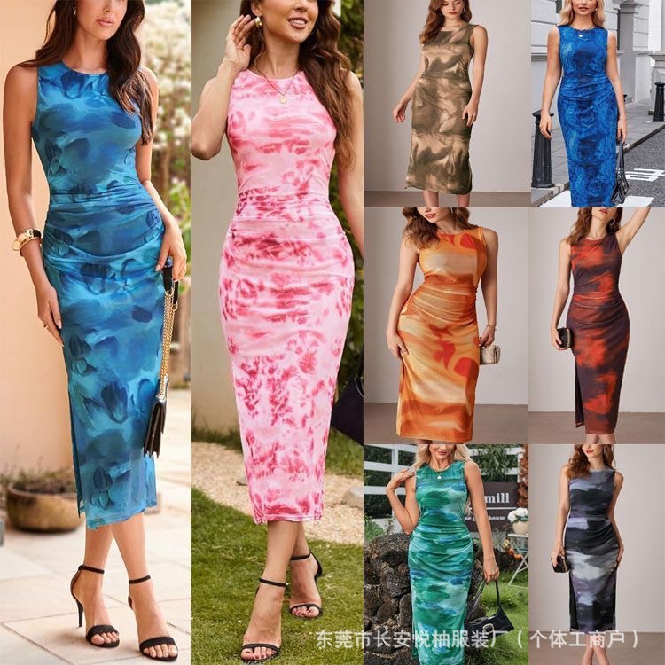 Vestidos Maxi Ajustados Tie-Dye y Estampado Floral con Abertura imagen 1
